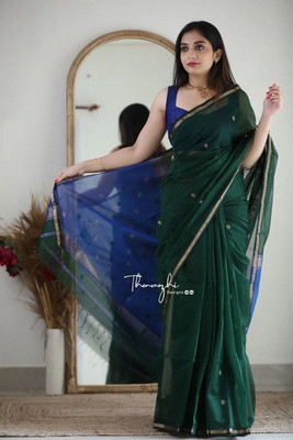 HouseOfCommon Woven, Embellished Banarasi Linen, Pure Cotton Saree(Green, Blue)