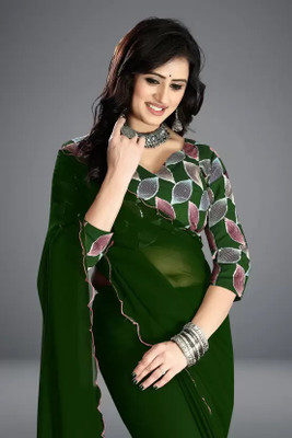Raj Laxmi Impex Embroidered Daily Wear Georgette Saree(Dark Green)