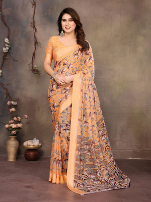 Anand Sarees Floral Print Ikkat Georgette, Satin Saree(Orange)