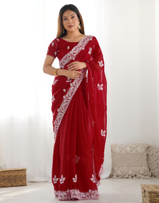 Samah Embroidered, Embellished Bollywood Jimmy choo, Chiffon Saree(Red)