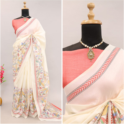 Kjs Printed Kalamkari Cotton Blend Saree(Multicolor)