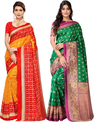 SIRIL Printed, Geometric Print Madhubani Cotton Silk, Silk Blend Saree(Pack of 2, Multicolor)