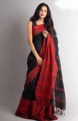 Maa laxmi saree center Striped Tant Pure Cotton Saree(Black)