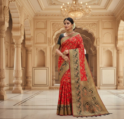 RKasari Embroidered, Printed Kanjivaram Silk Blend Saree(Red)