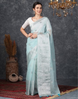 SIRIL Dyed, Embellished, Embroidered, Self Design, Woven Banarasi Organza Saree(Light Blue, Silver)