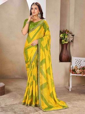 Sareemall Embellished Bandhani Chiffon Saree(Yellow)