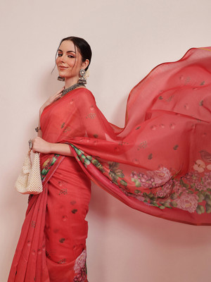 SILK ZONE Digital Print Chanderi Cotton Blend Saree(Red)