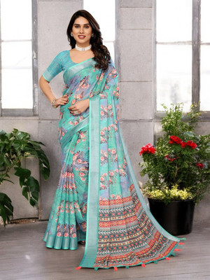 SJY Digital Print Bollywood Linen Saree(Multicolor)