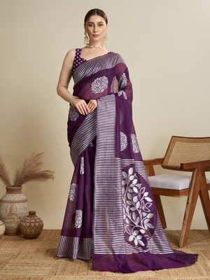 Divastri Printed Jamdani Cotton Silk Saree(Purple)