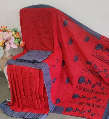 vaishnavi handicrafts Blocked Printed, Color Block, Floral Print, Printed Hand Batik Pure Cotton Saree(Grey, Pink)