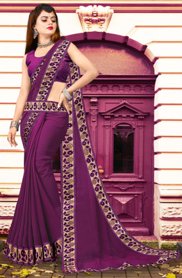 Offirra International Embroidered Banarasi Lycra Blend, Chiffon Saree(Purple)