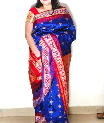 Cirkirow Embellished Sambalpuri Dupion Silk Saree(Light Blue, Blue)
