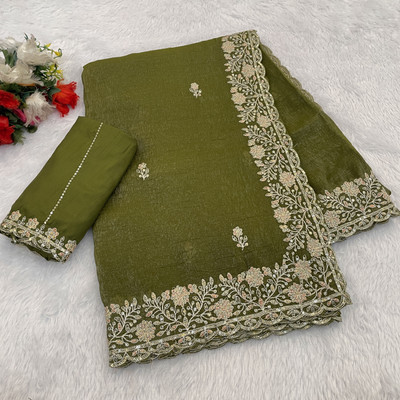 BELLETRENDZ Embroidered Bollywood Chiffon Saree(Light Green)
