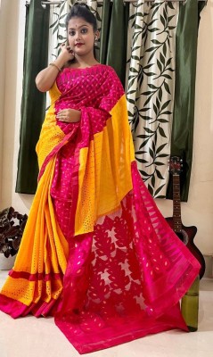 RIDDHIMAN FASHION Self Design Jamdani Cotton Blend Saree(Pink)