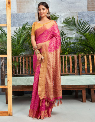 all about you Woven, Embellished, Striped Banarasi Silk Blend Saree(Pink, Brown)