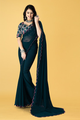 WOMENNUT Solid/Plain Kanjivaram Georgette Saree(Black)