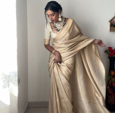 NIRLABH Striped Banarasi Pure Silk Saree(White)