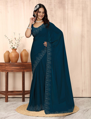 riyanshi fashion Solid/Plain, Embellished Bollywood Georgette Saree(Dark Blue)