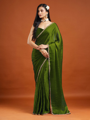 Croza Solid/Plain Chanderi Chiffon, Tussar Silk Saree(Green)
