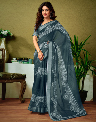 SIRIL Floral Print, Printed, Embellished Bollywood Linen Saree(Grey, White)