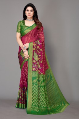 Winza Designer Floral Print Bollywood Chiffon, Brasso Saree(Magenta, Green)