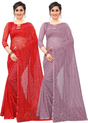 LOROFY Embellished Bollywood Net Saree(Pack of 2, Purple, Red)