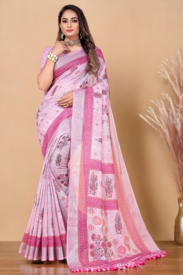 Raghav Silk Studio Digital Print, Self Design, Woven Bollywood Cotton Linen Saree(Pink)