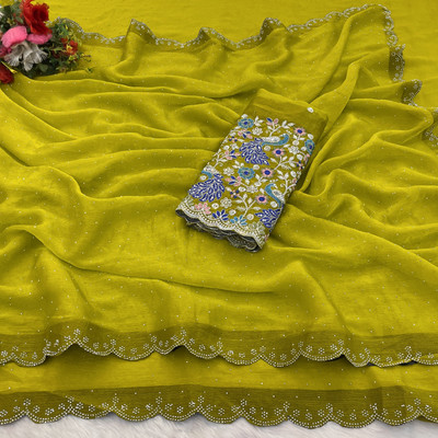 saanvi Solid/Plain, Self Design Bollywood Georgette Saree(Yellow)