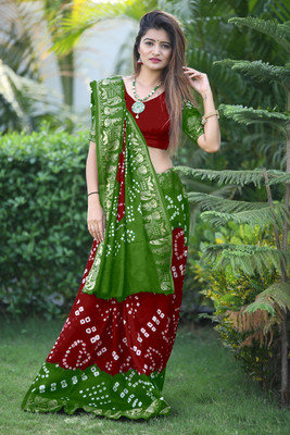 JERAVI Enterprise Printed Bandhani Art Silk Saree(Maroon, Light Green)