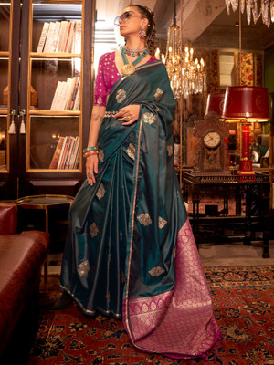 Tasrika Woven Banarasi Satin Saree(Dark Green)