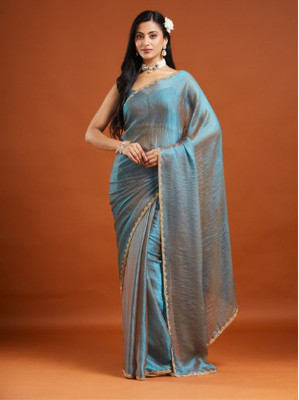 DKCratel Embellished, Solid/Plain Bollywood Chiffon Saree(Light Blue)