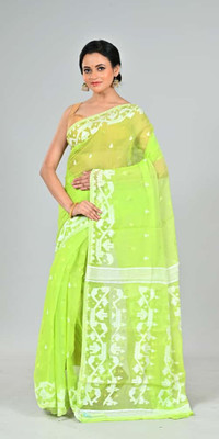 Mondal Saree Centre Printed Jamdani Cotton Silk Saree(Light Green)