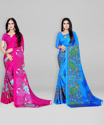 Leelavati Printed Daily Wear Crepe Saree(Pack of 2, Blue, Pink)