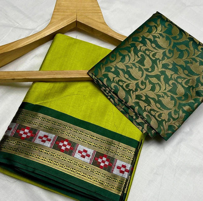 Paramparik Textile Woven Banarasi Cotton Silk Saree(Green)