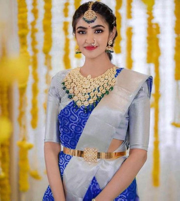 Gold Art Fashion Woven Kanjivaram Jacquard, Pure Silk Saree(Blue)