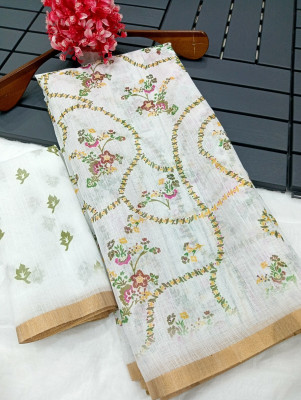 HouseOfCommon Embroidered, Applique Kanjivaram Pure Cotton, Cotton Linen Saree(White)