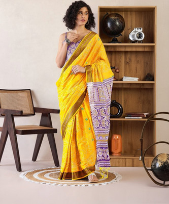 JAINICA Printed Daily Wear Cotton Blend Saree(Yellow)