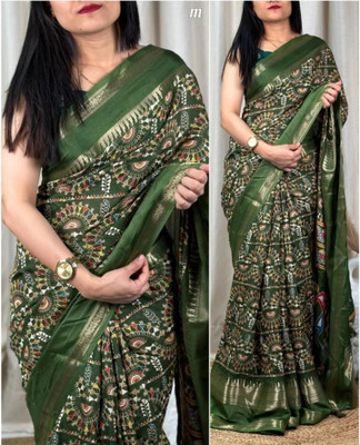 Ridham Printed Kalamkari Silk Blend Saree(Light Green)