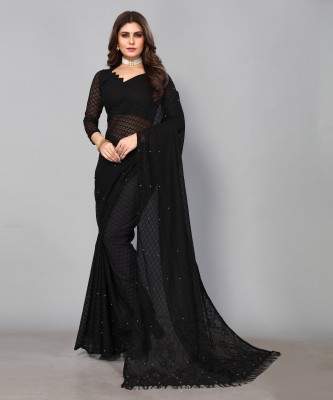 ANIRAV Self Design, Checkered Bollywood Net, Brasso Saree(Black)