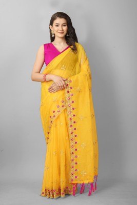 VANDU CREATION Embroidered Bollywood Supernet Saree(Yellow)