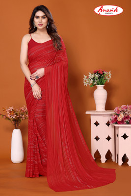 Anand Sarees Embellished, Striped, Self Design Leheria Satin Saree(Red)