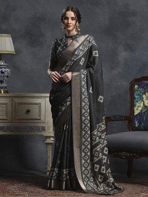 Tasrika Printed Chinnalapattu Silk Blend Saree(Black)