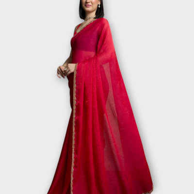 Dhimahi Solid/Plain Bollywood Chiffon Saree(Red)