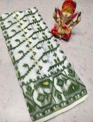 Soma Tant saree Mahal Self Design, Woven, Geometric Print Handloom Cotton Silk Saree(White)