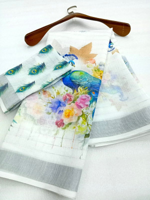 HouseOfCommon Floral Print Kanjivaram Linen, Cotton Linen Saree(White)