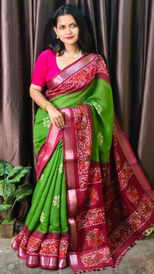 Suto Printed, Floral Print Bandhani Linen Saree(Green, Pink)