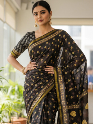 JAINICA Geometric Print Bollywood Cotton Blend Saree(Dark Blue)