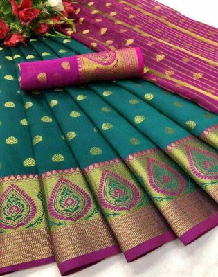 STYLEOO Woven Banarasi Cotton Silk Saree(Dark Green, Pink)