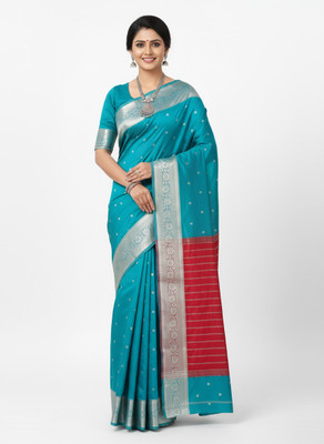 ANSARITRADERS Woven, Self Design Banarasi Handloom Cotton Silk Saree(Multicolor, Blue, Red, Dark Blue)