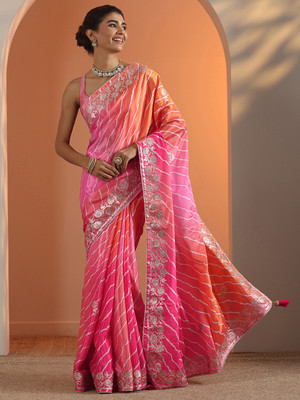 LIBAS Printed Daily Wear Silk Blend Saree(Pink)